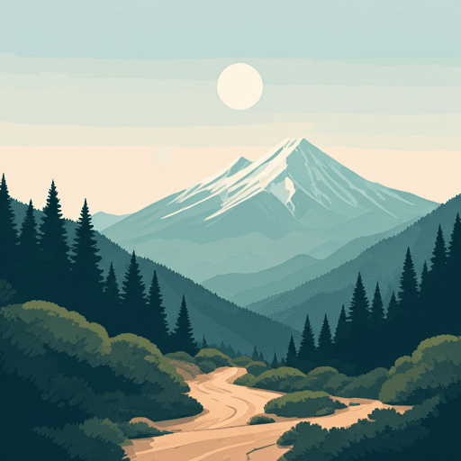 Minimalist illustration of a snow-capped mountain peak with evergreen forests and a winding dirt path in the foreground.